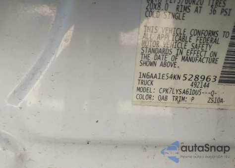 2019 Nissan Titan Platinum Reserve z USA, uszkodzony, nr VIN 1N6AA1E54KN528963